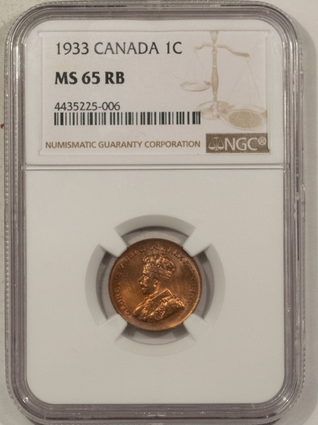 Other Numismatics 1933 CANADA SMALL CENT, KM-28 – NGC MS-65 RB, GEM, NEARLY FULL RED!