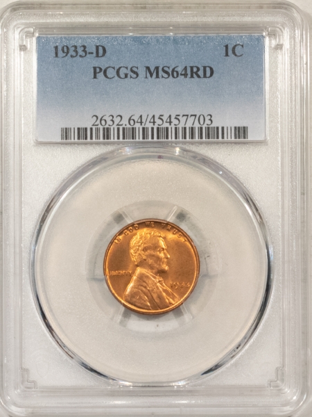 Lincoln Cents (Wheat) 1933-D LINCOLN CENT, PCGS MS-64 RD; SPARKLING, FIERY RED GEM-FROM ORIGINAL ROLL