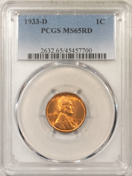 Lincoln Cents (Wheat) 1933-D LINCOLN CENT, PCGS MS-65 RD; SPARKLING, FIERY RED GEM-FROM ORIGINAL ROLL