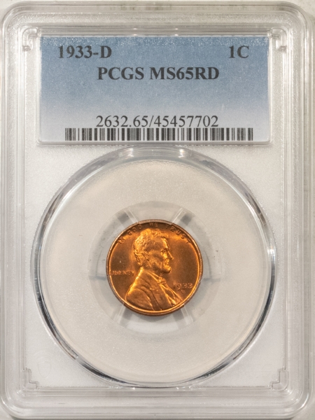 Lincoln Cents (Wheat) 1933-D LINCOLN CENT, PCGS MS-65 RD; SPARKLING, FIERY RED GEM-FROM ORIGINAL ROLL