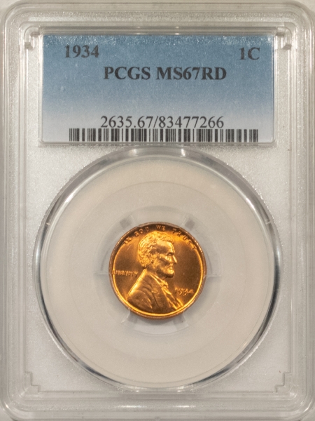 Lincoln Cents (Wheat) 1934 LINCOLN CENT PCGS MS-67 RD, BLAZING RED!