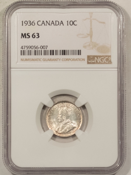 New Store Items 1936 CANADA SILVER TEN CENTS, KM-23a – NGC MS-63, FLASHY!