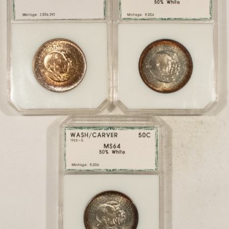 New Store Items 1952-P/D/S WASHINGTON-CARVER HALF DOLLAR 3 COIN SET PRETTY, OLD PCI MS-62/63/64