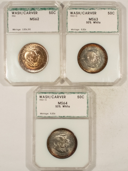 Early Commems 1952-P/D/S WASHINGTON-CARVER HALF DOLLAR 3 COIN SET PRETTY, OLD PCI MS-62/63/64