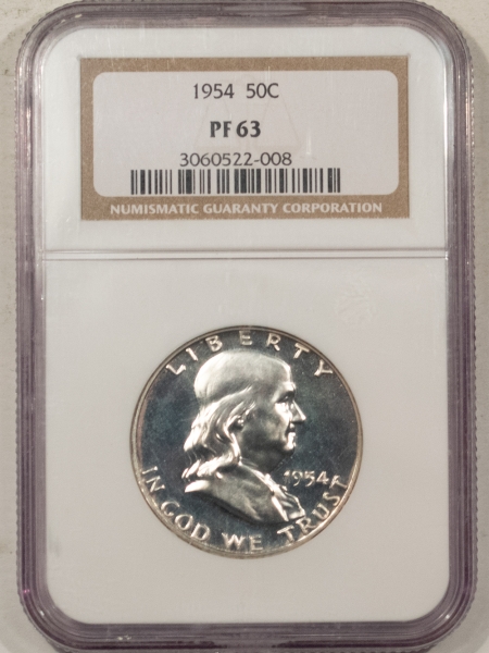 Franklin Halves 1954 PROOF FRANKLIN HALF DOLLAR, NGC PF-63, 100% WHITE & A HEADLIGHT!