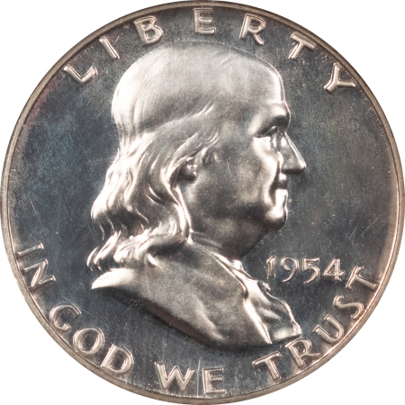 Franklin Halves 1954 PROOF FRANKLIN HALF DOLLAR, NGC PF-63, 100% WHITE & A HEADLIGHT!