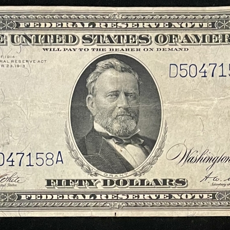 New Store Items 1914 $50 FEDERAL RESERVE NOTE, CLEVELAND, FR-1039a, CHOICE VF, MINOR OBV INK LL