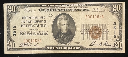 New Store Items 1929 $20 PETERSBURG, VA TY 1 NATIONAL BANK NOTE, CHTR 3515, BRIGHT & CHOICE VF!