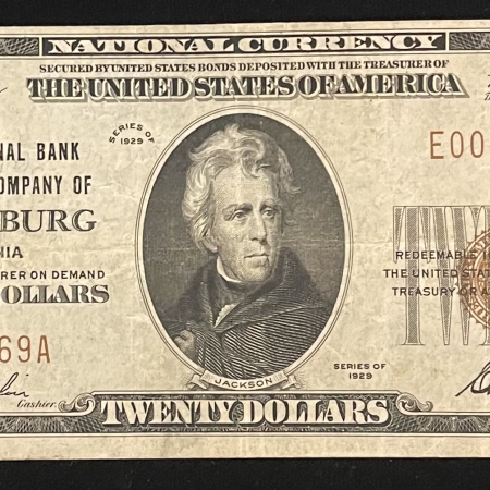 U.S. Currency 1929 $20 PETERSBURG, VA TY 1 NATIONAL BANK NOTE, CHTR 3515, BRIGHT & CHOICE VF!