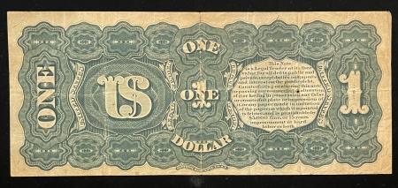 Large U.S. Notes 1869 $1 LEGAL TENDER RAINBOW, FR-18 ALLISON-SPINNER, BRIGHT & abt VF, SMALL HOLE