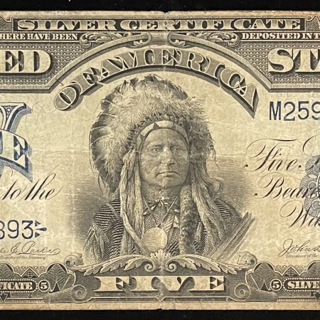New Store Items 1899 $5 SILVER CERTIFICATE, CHIEF, FR-277, PARKER-BURKE, abt VF, REV PAPER TONE