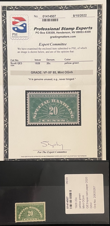 Special Handling Stamps SCOTT #QE3a 20c YELLOW-GREEN, PSE VF-XF 85 MINT OGNH, SMQ $15