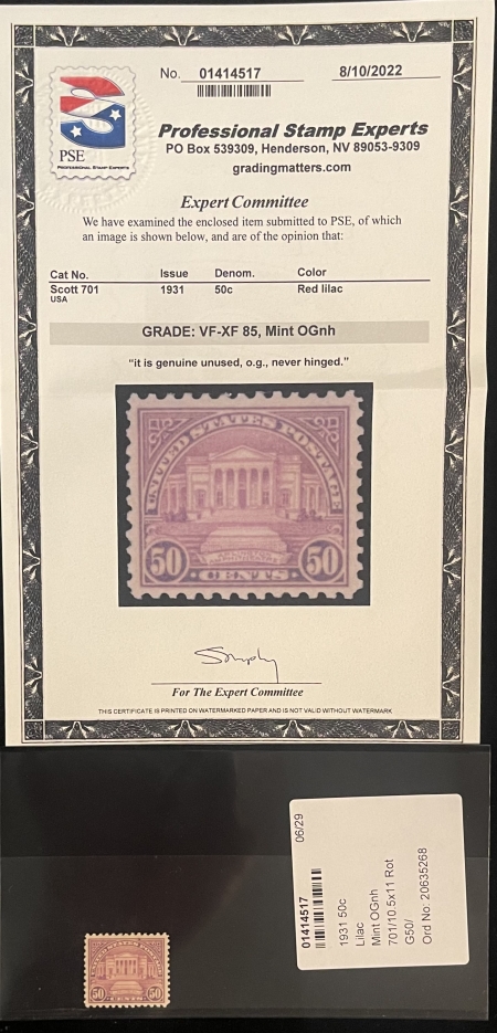 Postage SCOTT #701 50c RED-LILAC, PSE VF-XF 85, MINT OGNH, SMQ $65