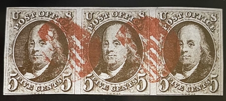 New Store Items SCOTT #1, RED-BROWN, STRIP OF 3, LARGE MARGINS ON 3 SIDES, BRIGHT & VF-CAT $1750