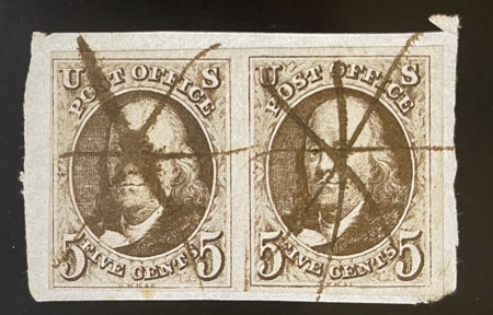 New Store Items SCOTT #1a-B, 5c DARK BROWN, DOUBLE TRANSFER (1) PAIR ON PIECE, abt VF-CAT $1475