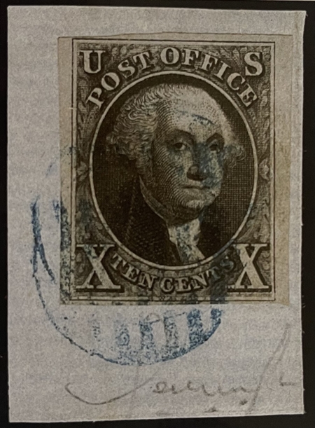 Postage SCOTT #2 10c BLACK, USED & VF ON PIECE, LARGE MARGINS TO CLEAR, CAT $950-PRETTY!