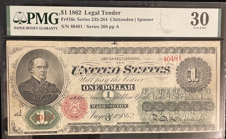 Large U.S. Notes 1862 $1 LEGAL TENDER, FR-16c, PMG-VF-30; FRESH FROM OLD-TIME COLLECTION!