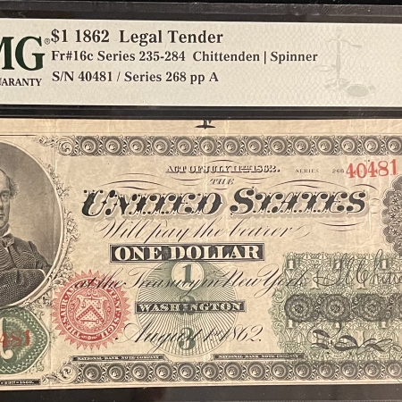 New Store Items 1862 $1 LEGAL TENDER, FR-16c, PMG-VF-30; FRESH FROM OLD-TIME COLLECTION!