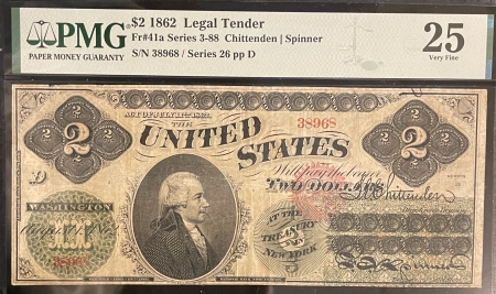 Large U.S. Notes 1862 $2 LEGAL TENDER, FR 41a, PMG VF-25, FRESH FROM OLD-TIME COLLECTION!