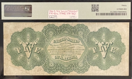 New Store Items 1862 $5 LEGAL TENDER, FR-61c, PMG VF-30; FRESH FROM OLD TIME COLLECTION!