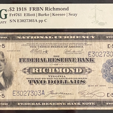 Large Federal Reserve Notes 1918 $2 FEDERAL RESERVE NOTE, BATTLESHIP, RICHMOND, FR-761, PMG VF 25-FRESH NOTE