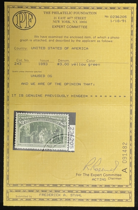 Postage SCOTT #243 $3 COLUMBIAN, YELLOW-GREEN, MOG-H, BRIGHT/FRESH VF, PF CERT-CAT $1500