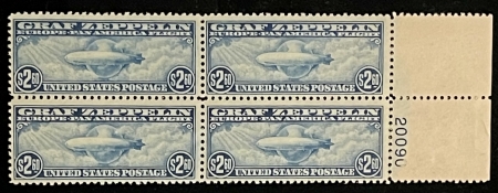 Air Post Stamps SCOTT #C-15 $2.60 BLUE GRAF ZEPPELIN, BLOCK OF 4, PLATE #, MOG NH VF+-CAT $3700