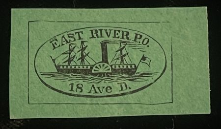 Local Stamps SCOTT #62L4, LOCAL-EAST RIVER PO, NYC, 1c BLACK/GREEN GLAZED PAPER, MDG-CAT $250