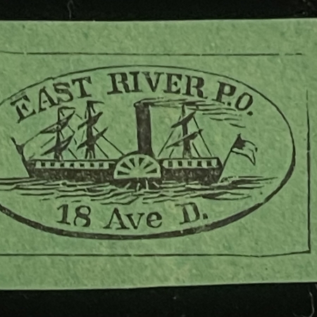 Local Stamps SCOTT #62L4, LOCAL-EAST RIVER PO, NYC, 1c BLACK/GREEN GLAZED PAPER, MDG-CAT $250