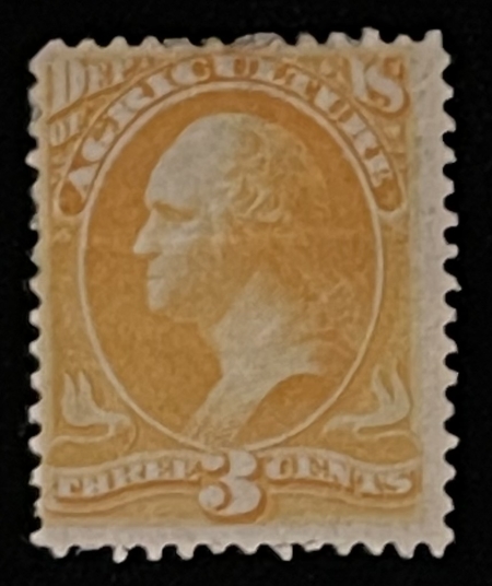 U.S. Stamps SCOTT #O-3, 3c YELLOW, MDOG, CREASES, VG W/ SATURATED COLOR – CATALOG VALUE $225