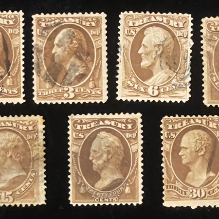 Official Stamps SCOTT #O-72 to O-82, TREASURY DEPT. 1c-90c, USED, F/VF – CATALOG VALUE $222.50