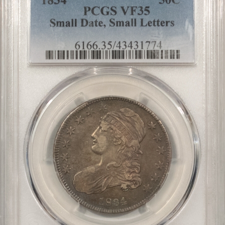 New Store Items 1834 CAPPED BUST HALF DOLLAR, SMALL DATE, SM LETTERS – PCGS VF-35, NICE ORIGINAL