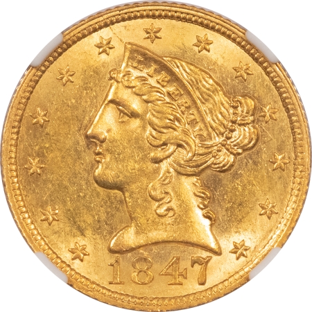 $5 1847 $5 LIBERTY GOLD, NO MOTTO – NGC MS-63 FLASHY & CHOICE POP 16-JUST 15 HIGHER