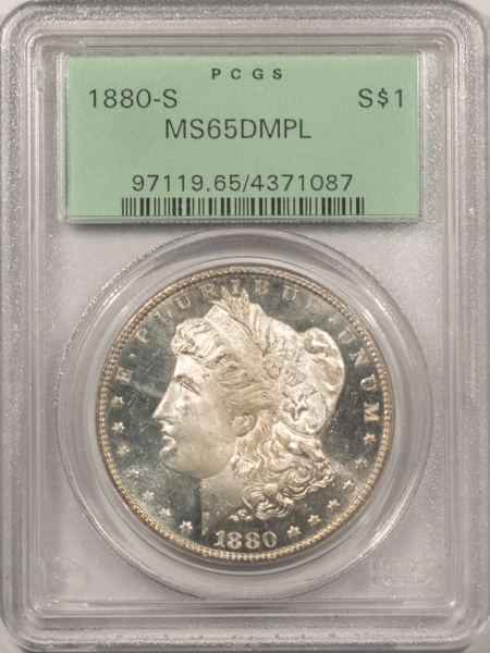 Morgan Dollars 1880-S MORGAN DOLLAR – PCGS MS-65 DMPL, FROSTY HEADLIGHT, OLD GREEN HOLDER!