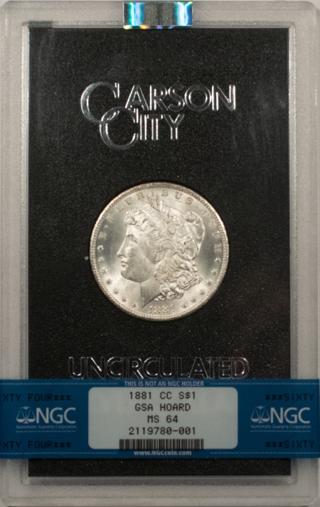 Dollars 1881-CC MORGAN DOLLAR, GSA W/ BOX & CARD – NGC BANDED MS-64, BLAST WHITE & NICE!