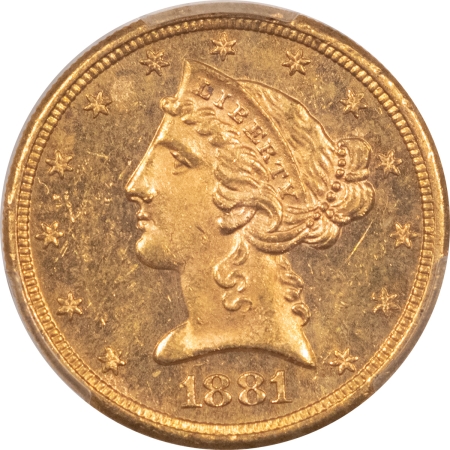 $5 1881-S $5 LIBERTY GOLD, PCGS MS-63 PL; GOOD MIRRORS, DEEP FIELDS-RARE PROOFLIKE!