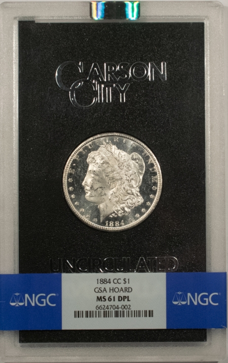 Dollars 1884-CC MORGAN DOLLAR, GSA W/ BOX & CARD – NGC BANDED MS-61 DPL, BLACK & WHITE