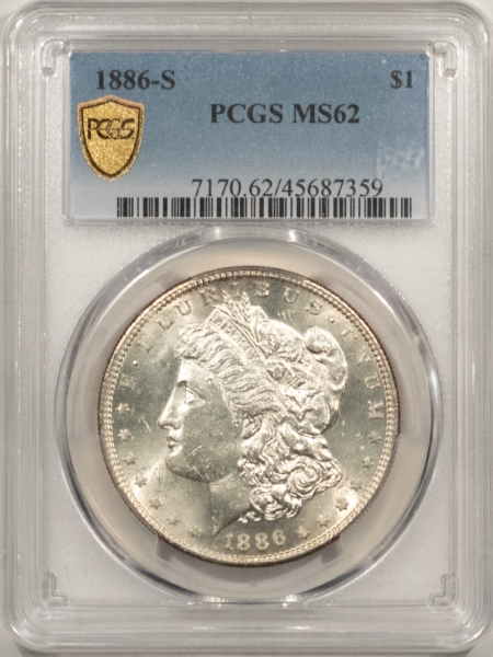Morgan Dollars 1886-S MORGAN DOLLAR – PCGS MS-62, BLAST WHITE & PREMIUM QUALITY!