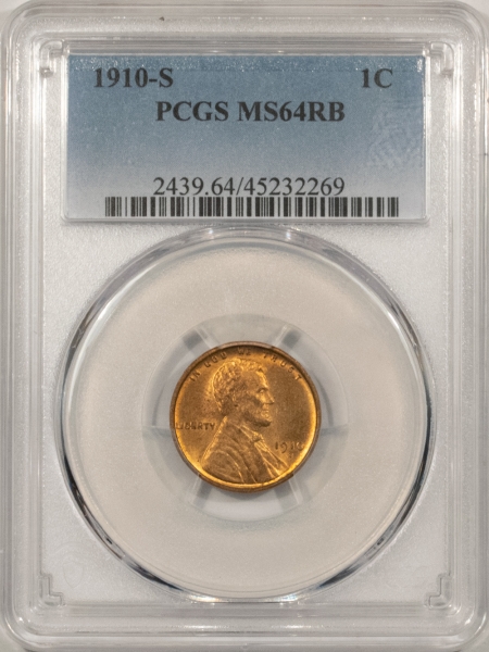 Lincoln Cents (Wheat) 1910-S LINCOLN CENT – PCGS MS-64 RB, LOTS OF RED!