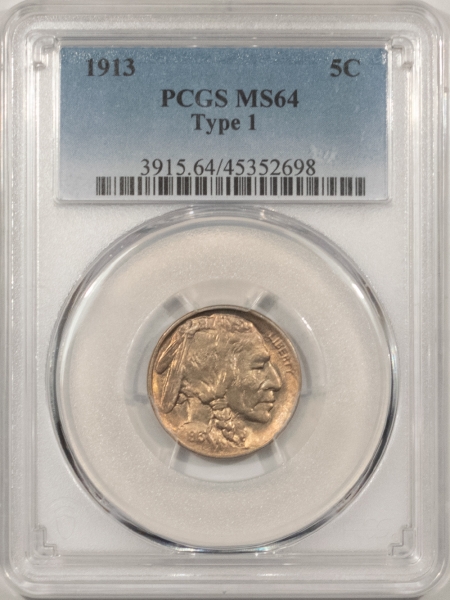 Buffalo Nickels 1913 BUFFALO NICKEL, TYPE I – PCGS MS-64, PREMIUM QUALITY!