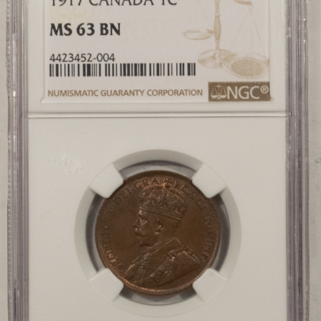 New Certified Coins CANADA 1917 ONE CENT, NGC MS-63 BN, VERY CHOICE W/ HINTS OF RED