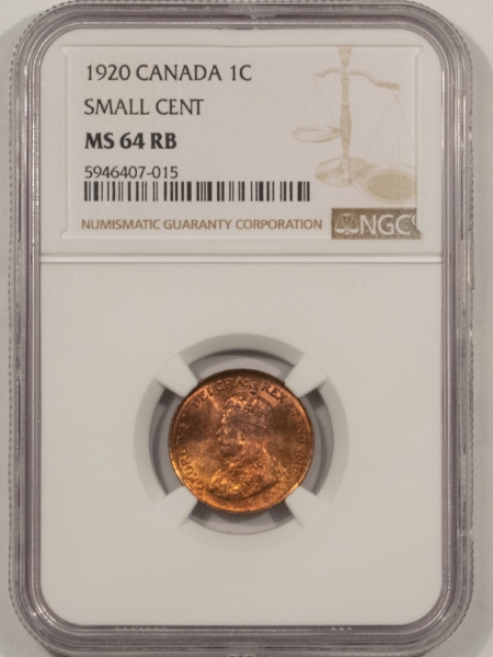 New Certified Coins 1920 CANADA SMALL CENT, KM-28 – NGC MS-64 RB, LUSTROUS & PRETTY!