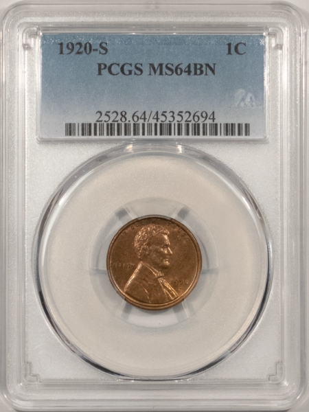 Lincoln Cents (Wheat) 1920-S LINCOLN CENT – PCGS MS-64 BN, ORIGINAL GLOSSY LUSTER!