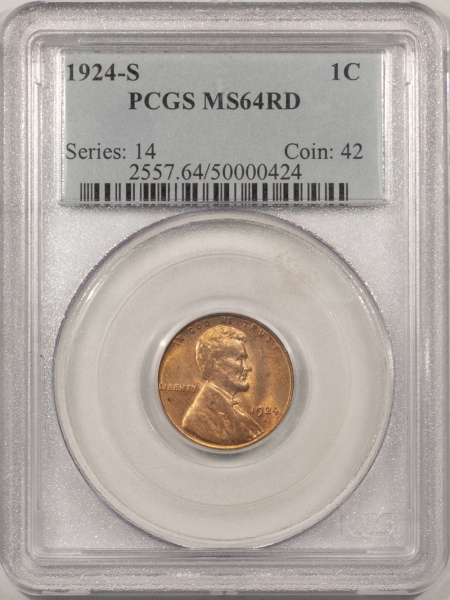Lincoln Cents (Wheat) 1924-S LINCOLN CENT – PCGS MS-64 RD, BLAZING RED & LUSTROUS! TOUGH!
