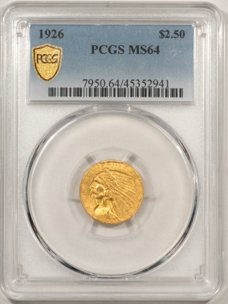 $2.50 1926 $2.50 INDIAN HEAD GOLD – PCGS MS-64, FRESH & PLEASING!