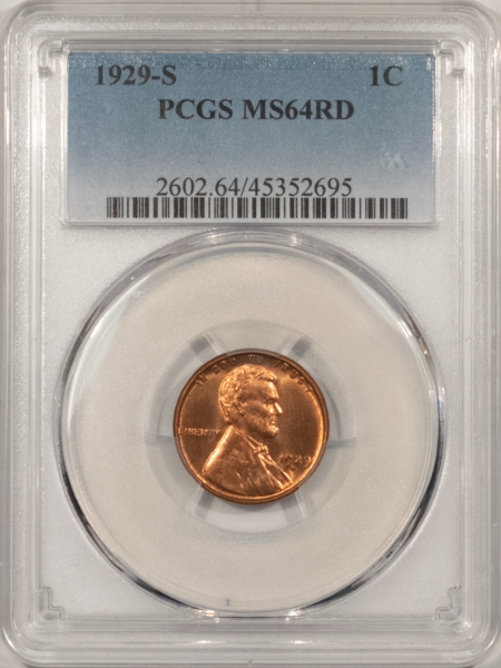 Lincoln Cents (Wheat) 1929-S LINCOLN CENT – PCGS MS-64 RD, BLAZING RED!
