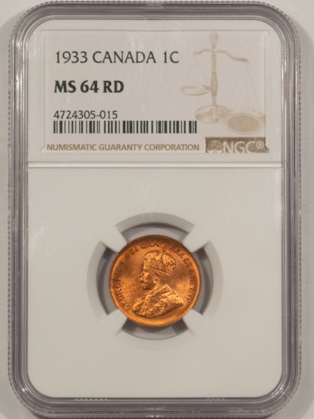 New Certified Coins 1933 CANADA SMALL CENT, KM-28 – NGC MS-64 RD, BLAZING RED & PQ!