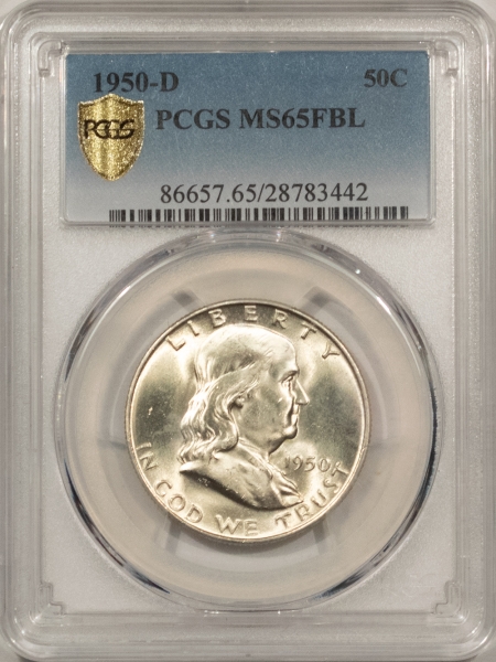Franklin Halves 1950-D FRANKLIN HALF DOLLAR – PCGS MS-65 FBL, BLAZING WHITE GEM!