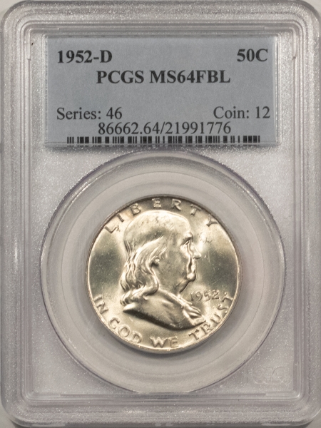 Franklin Halves 1952-D FRANKLIN HALF DOLLAR – PCGS MS-64 FBL, BLAST WHITE