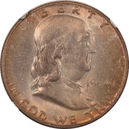 Franklin Halves 1954-D FRANKLIN HALF DOLLAR – NGC MS-65 FBL, ORIGINAL MINT SET TONED GEM!